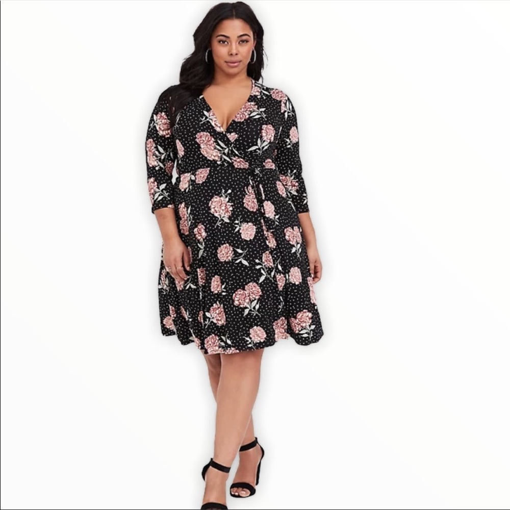 Torrid Faux Wrap Black Floral Dot Jersey Dress